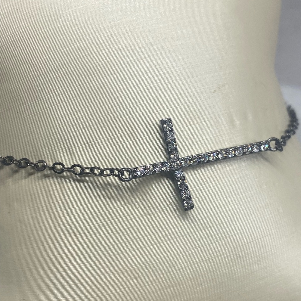 Sterling Silver Black Rhodium Cubic Zirconia Cross Bracelet 7 - 8 Inches